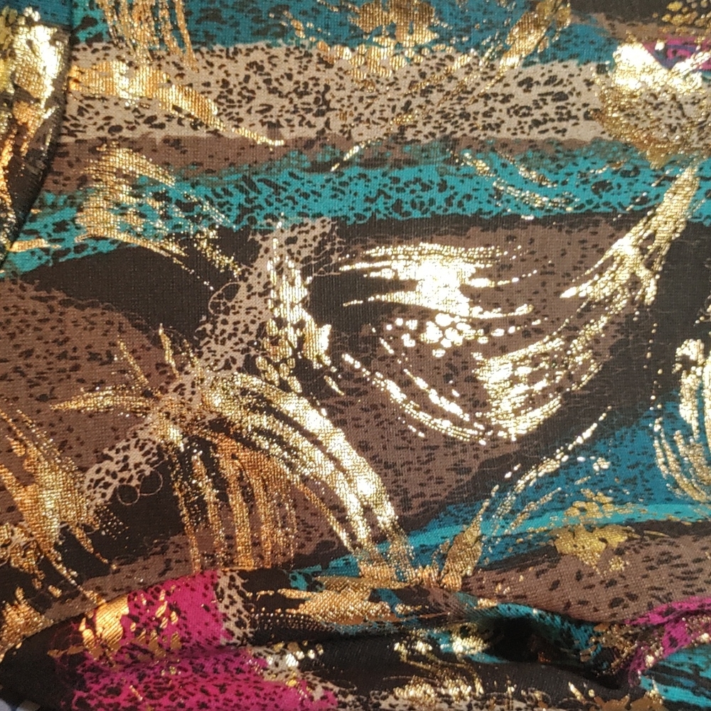 Cleo Tops - Gold, magenta and teal long sleeve turtleneck crop top. Size- 2XL - Picture 2 of 4